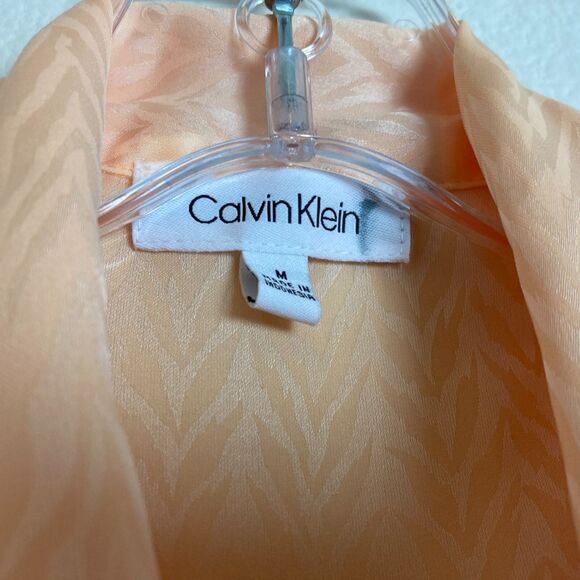Calvin Klein Button Up Blouse Size M Peach Orange Tie Neck Bow Office Business - Picture 4 of 7
